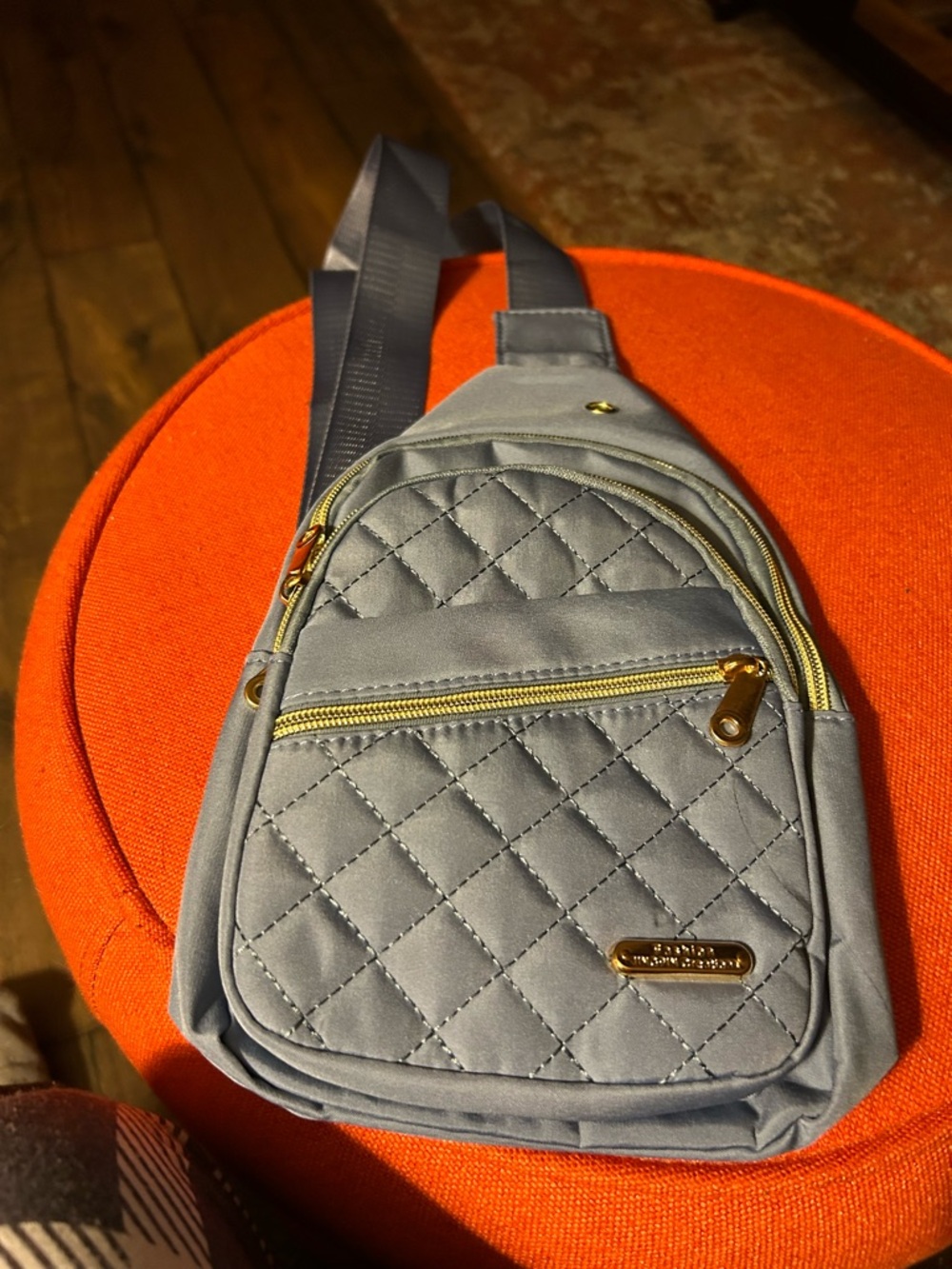 Quilted Gray Crossbody Sling Bag with Gold Accents